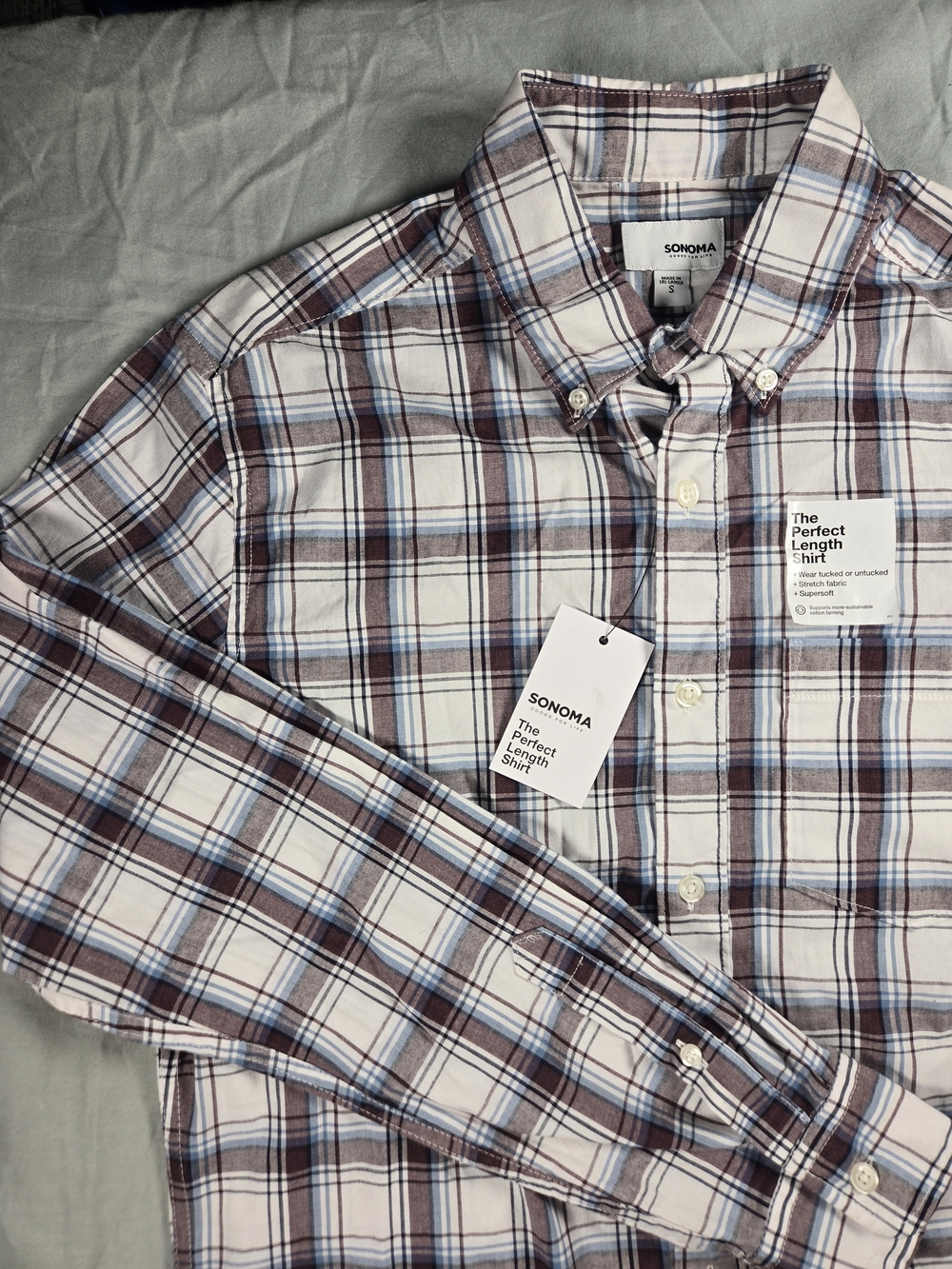 Sonoma Perfect Length Men's Plaid Button-Down Long Sleeve Stretch Dress Shirt S
